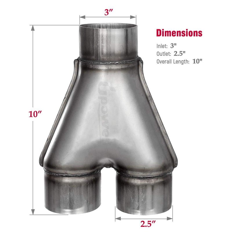 Upower Exhaust Y pipe 3" Inlet 2.5" Outlet Weld-on Dual Exhaust Pipe 10" Long Stainless Steel Tip - Image 4